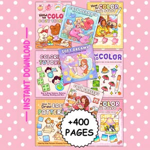Puede incluir: Una colección de libros para colorear coloridos con títulos como "Cozy Mermaid" y "Soft Dreamy." Las portadas presentan ilustraciones de sirenas, personajes lindos y escenas de ensueño. La imagen también incluye el texto "Instant Download" y "+400 páginas."