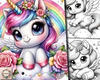 25 Cute Unicorn Coloring Book, Unicorns Coloring Pages, Kawaii, Chibi, Adorable, Adults, Kids, Fantasy, Grayscale, Printable, Print, Pdf,