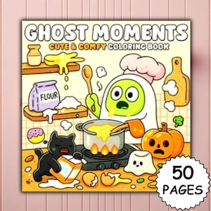 May include: A square coloring book titled "Ghost Moments" with a cute ghost chef illustration. The cover features a cartoon kitchen scene with a black cat, pumpkin, and the text "Cute & Comfy Coloring Book" and "50 Pages".