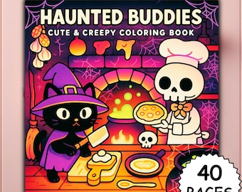 May include: A square coloring book titled "HAUNTED BUDDIES" with the subtitle "CUTE & CREEPY COLORING BOOK". The cover features a black cat witch, a skeleton chef, and a cauldron. The book has 40 pages.