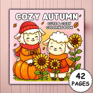 Könnte beinhalten: Ein "Cozy Autumn" Malbuch mit rosa Hintergrund. Das Cover zeigt zwei Cartoon-Schafe mit orangefarbenen Schals und Hüten, umgeben von Sonnenblumen und einem Kürbis. Der Text "Cute & Cozy Coloring Book" ist über den Schafen zu sehen.