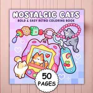 Może przedstawiać: Kwadratowa kolorowanka zatytułowana NOSTALGIC CATS BOLD & EASY RETRO COLORING BOOK z 50 PAGES. Okładka przedstawia fioletowo-niebieskie tło w kratkę z cyfrową zabawką dla zwierząt, szarym breloczkiem w kształcie kota oraz ilustracją białego kota.