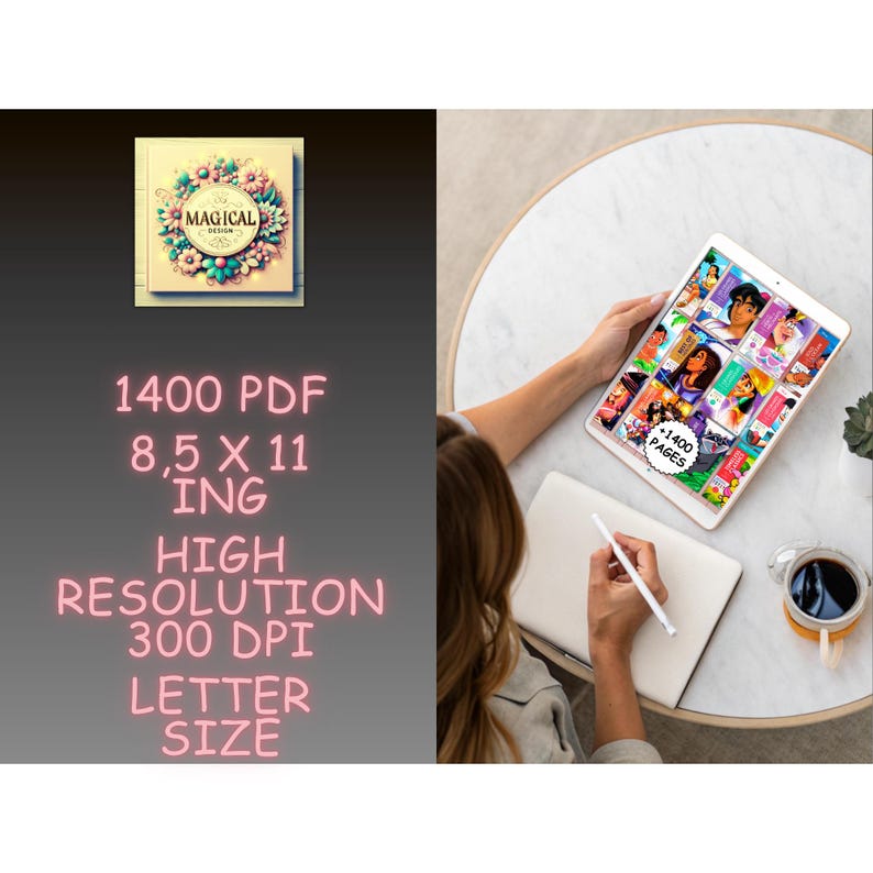 May include: A digital collection of 1400 PDF files in 8.5 x 11 inch letter size at 300 DPI resolution. The display shows a tablet screen with multiple colorful cartoon character illustrations and a square logo featuring floral art and the text MAGICAL DESIGN.