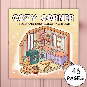 Puede incluir: Un libro para colorear titulado "Cozy Corner" con una ilustración de dibujos animados de un lavadero. La portada presenta una lavadora, una secadora, una tabla de planchar y una cesta de lana. El libro tiene 46 páginas.