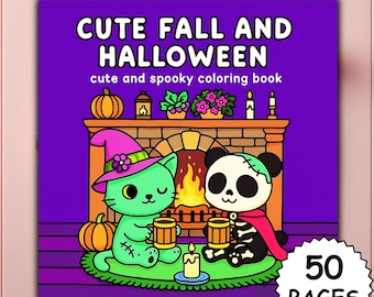 Puede incluir: Un libro para colorear cuadrado con un fondo morado y el texto "CUTE FALL AND HALLOWEEN". La portada presenta un gato verde y un oso panda con disfraces de Halloween, con una chimenea y calabazas. El libro tiene 50 páginas.