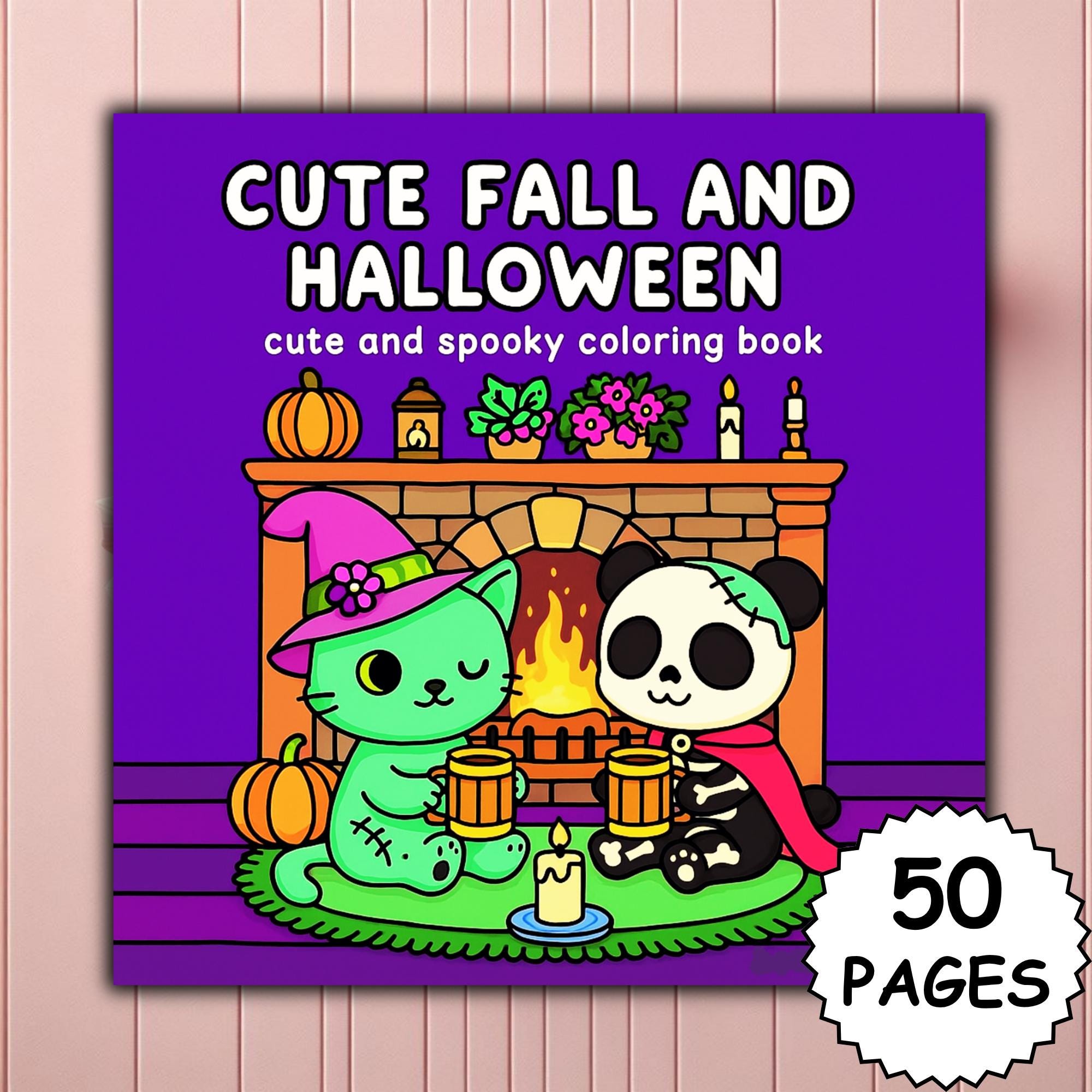 Libro de colorear de otoño y Halloween tierno PDF/PNG – 50 páginas de trazos gruesos y fáciles estilo Coco Wyo para Procreate e imprimir
