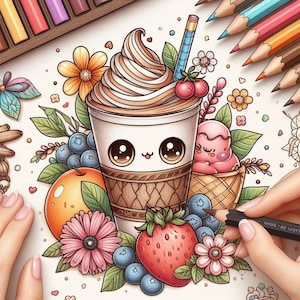 May include: A hand-drawn illustration of a cute cartoon iced coffee with a smiling face, surrounded by strawberries, blueberries, flowers, and a peach. The coffee cup has a brown and white striped straw and a brown and white checkered pattern.