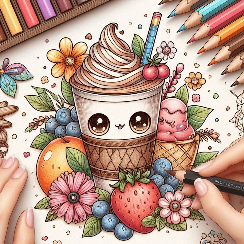 May include: A hand-drawn illustration of a cute cartoon iced coffee with a smiling face, surrounded by strawberries, blueberries, flowers, and a peach. The coffee cup has a brown and white striped straw and a brown and white checkered pattern.