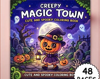Creepy Magic Town – Bold & Easy Spooky Cute Coloring Book, 48 Kawaii Halloween Pages, Cozy Witchy Scenes, Printable PDF + PNG for Procreate
