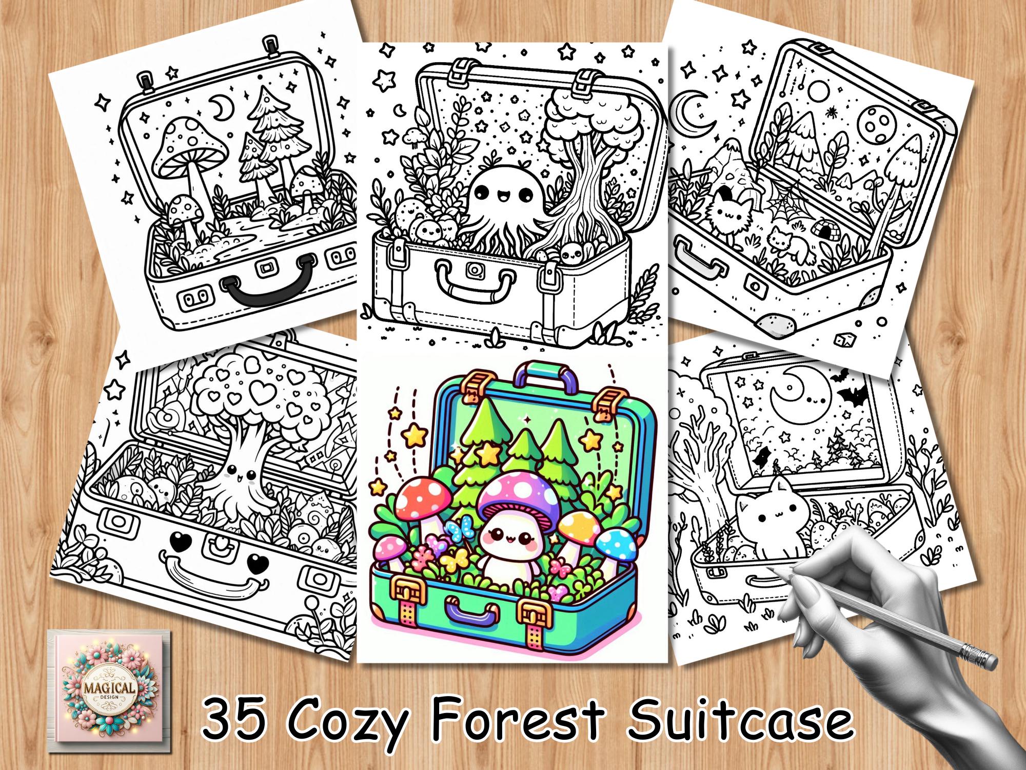 Bold & Easy Kawaii Coloring Book – Cozy Forest Suitcase | 35 Printable Pages for Relaxation & Stress Relief (PDF + PNG)
