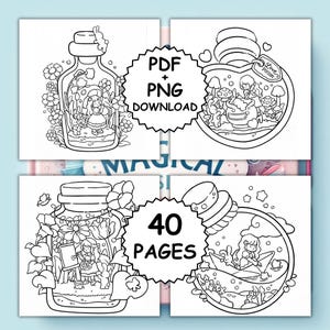 May include: Four-panel image featuring whimsical line art illustrations inside glass jars. Each jar contains a different scene with a fairy-tale theme. Text includes "PDF + PNG DOWNLOAD" and "40 PAGES".
