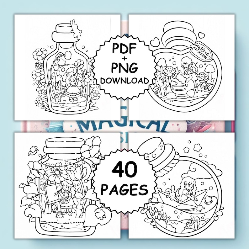 May include: Four-panel image featuring whimsical line art illustrations inside glass jars. Each jar contains a different scene with a fairy-tale theme. Text includes "PDF + PNG DOWNLOAD" and "40 PAGES".