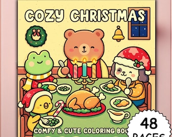 Gezellig kerstkleurboek PDF & PNG Vet en gemakkelijk schattige vakantiepagina's Coco Wyo-stijl Procreate Digitaal afdrukbaar plezier