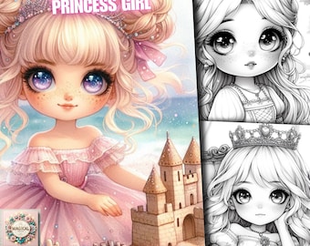 48 Modern Kawaii Floral Princess Girl Coloring Pages, Anime Flower Princess Girl Coloring Book, Cute Summer Princesses, Grayscale Adult Kid