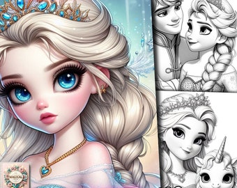 100 Modern Kawaii Cute Ice Princess Coloring Pages, Princess Coloring Book, Princesses Coloring, Grayscale Fantasy Adults Kids Print Pdf