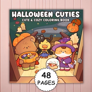 Puede incluir: Un libro para colorear cuadrado titulado HALLOWEEN CUTIES CUTE & COZY COLORING BOOK con 48 PAGES. La portada muestra un oso marrón con una calabaza, un pato amarillo, un gato y un gato con sombrero de bruja y escoba, todos con dulces.