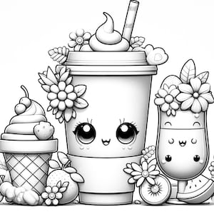 May include: A black and white line drawing of three cute cartoon food items. A cup of iced coffee with a straw, a cone of ice cream, and a glass of juice. Each item has a smiling face and is decorated with flowers.