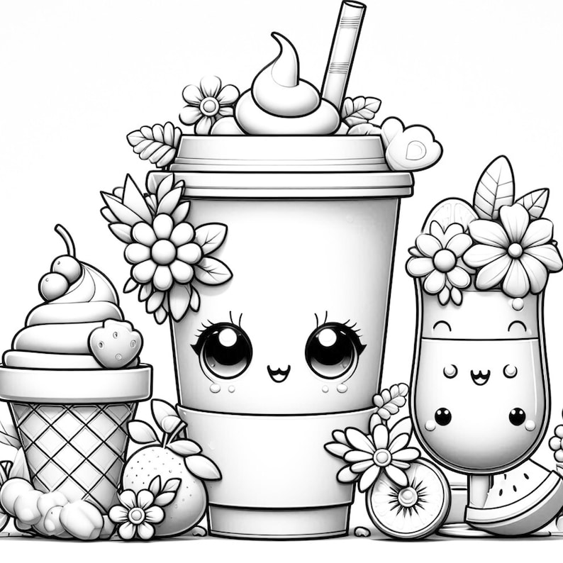 May include: A black and white line drawing of three cute cartoon food items. A cup of iced coffee with a straw, a cone of ice cream, and a glass of juice. Each item has a smiling face and is decorated with flowers.