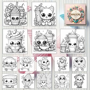 May include: A set of 15 black and white coloring pages featuring cute cartoon characters. The characters include a cat, a bee, a donut, a cactus, a corn, a burger, a cupcake, a smoothie, and a ice cream cone. The coloring pages are perfect for kids and adults who love to color.