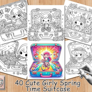 Puede incluir: Conjunto de 40 páginas para colorear con chicas lindas con maletas. Cada página tiene un diseño diferente con flores, mariposas y otros elementos de temática primaveral. El texto "40 Cute Girly Spring Time Suitcase" está en la parte inferior de la imagen.