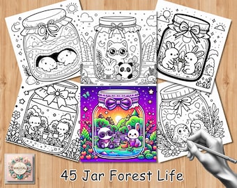 Bold and easy coloring Pages, cute kawaii Jar forest Life coloring Book, enchanted forest scenes Coloring, relaxing activity for adults Pdf