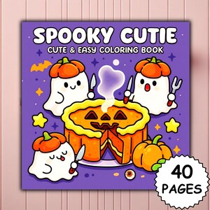 May include: A square coloring book titled "Spooky Cutie" on a purple background. The cover shows cartoon ghosts, pumpkins, and a jack-o'-lantern cake. The book contains 40 pages.