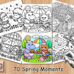 Puede incluir: Una colección de páginas para colorear en blanco y negro con ilustraciones de temática primaveral. Las páginas presentan varias escenas, incluyendo personajes, animales y entornos al aire libre. El texto "70 Spring Moments" se muestra en la parte inferior.