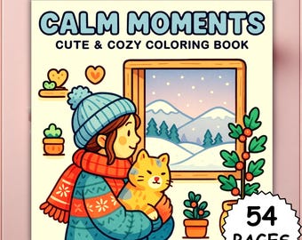 May include: A colouring book cover with the title "Calm Moments" and the subtitle "Cute & Cozy Colouring Book." The illustration shows a person in a blue hat and scarf holding a cat, with a snowy mountain scene through a window. The book has 54 pages.
