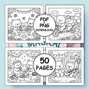 May include: Four black and white coloring pages with charming animal illustrations. One depicts a cat and fox at a tea party, another a bear couple on a tandem bike, and two more with picnic and musical themes. The text "PDF + PNG DOWNLOAD" and "50 PAGES" are included.