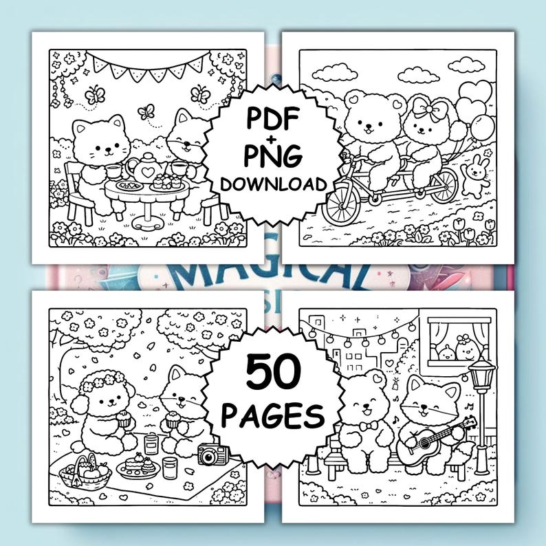 May include: Four black and white coloring pages with charming animal illustrations. One depicts a cat and fox at a tea party, another a bear couple on a tandem bike, and two more with picnic and musical themes. The text "PDF + PNG DOWNLOAD" and "50 PAGES" are included.