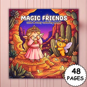 Puede incluir: Un libro para colorear cuadrado titulado "MAGIC FRIENDS" con una ilustración de un paisaje desértico. La portada presenta un personaje de hada con un vestido rosa y un oso con alas de hada. El libro tiene 48 páginas.