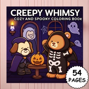 Puede incluir: Una portada de libro para colorear con el título "Creepy Whimsy" y el subtítulo "Cozy and Spooky Coloring Book". La portada presenta personajes de dibujos animados con disfraces de Halloween, incluyendo un perro con capa de vampiro y un oso con traje de esqueleto. También se muestra una calabaza y fantasmas. El libro tiene 54 páginas.