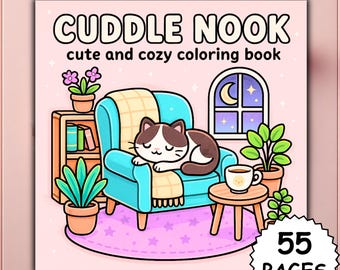 May include: A colouring book cover with the title "Cuddle Nook" and the subtitle "cute and cosy colouring book." The illustration shows a cat on a teal armchair, a window with a moon, and potted plants. The book has 55 pages.