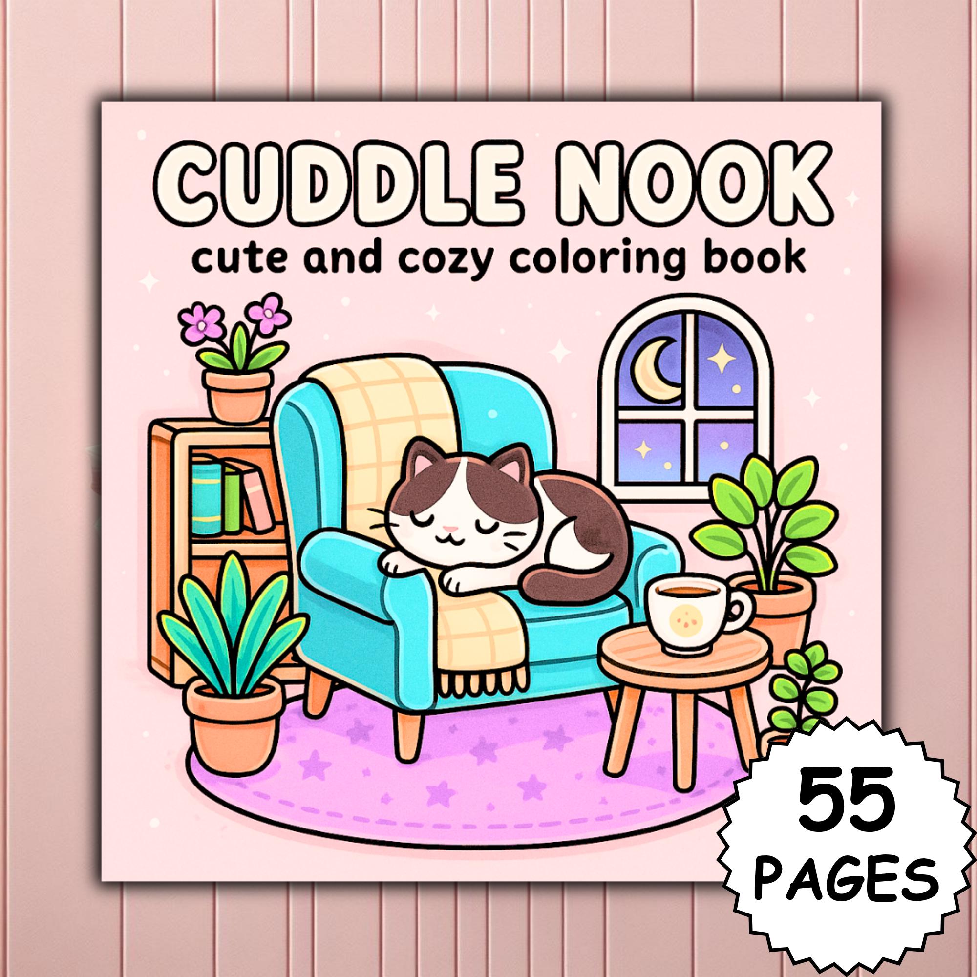 Cuddle Nook – 55 páginas de colorear lindas y acogedoras para adultos y niños, diseños gruesos y fáciles, PDF imprimible + PNG para Procreate