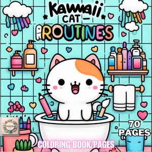 70 Kawaii Cat Routines Kleurplaten, Kawaii Kleurboek, Kawaii Fantasy voor volwassenen en kinderen afdrukbare PDF