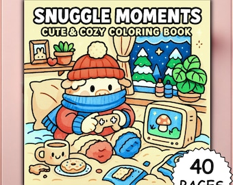 May include: A square coloring book titled "Snuggle Moments Cute & Cozy Coloring Book" features a cartoon character in a red hat and blue scarf playing a video game. The cover art includes a cozy scene with a window, plants, and the text "40 Pages."