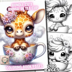 200 Modern Kawaii Bundle Cute Animal in Tea Cup Coloring Pages Animal Coloring Book Animals Coloring Grayscale Fantasy Adults Kids Print Pdf