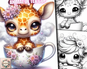 200 Modern Kawaii Bundle Cute Animal in Tea Cup Coloring Pages Animal Coloring Book Animals Coloring Grayscale Fantasy Adults Kids Print Pdf