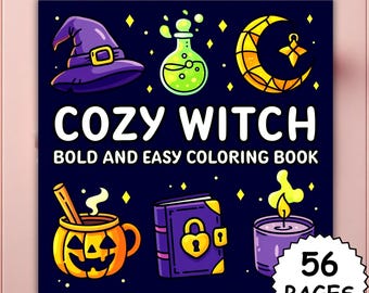 Puede incluir: Portada de libro para colorear azul oscuro con las palabras "COZY WITCH" en blanco. La portada presenta ilustraciones de un sombrero de bruja, una botella de poción, una luna creciente, una taza de calabaza, un libro de hechizos y una vela. El libro tiene 56 páginas.