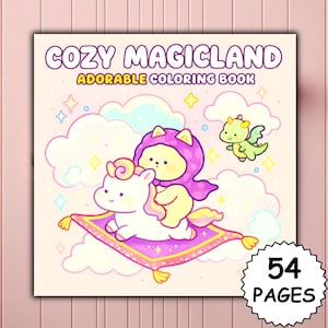 May include: A square coloring book cover with the title "Cozy Magicland" and the subtitle "Adorable Coloring Book." The cover features a cartoon illustration of a character riding a unicorn on a magic carpet, with a green dragon and stars.