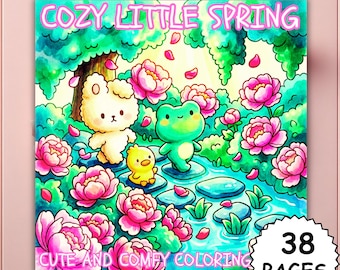 Gezellig kleurboek voor de lente | Leuk en makkelijk | Schattige lentekleurplaten | Coco Wyo-stijl | Ontspannend en gezellig kleuren | Afdrukbaar PDF PNG