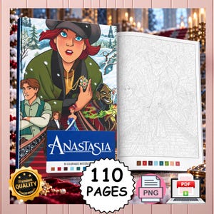 Op de afbeelding: Een Anastasia mysterie kleurboek met een kleurrijke omslag met personages en een open pagina met een zwart-wit lijntekening. Het boek bevat 110 pagina's en is beschikbaar in PNG- en PDF-bestandsformaten.