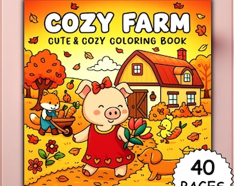 Livro de colorir de outono, ousado e fácil, com animais fofos de fazenda no outono, cenas kawaii confortáveis, para impressão relaxante para adultos e crianças