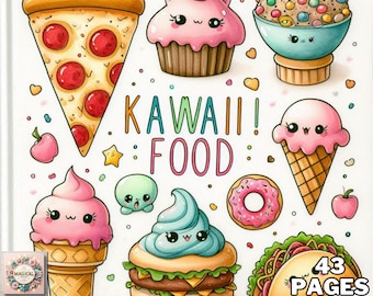 May include: Kawaii Food Coloring Book with 43 pages featuring cute illustrations of food like pizza, cupcakes, ice cream cones, donuts, and hamburgers.