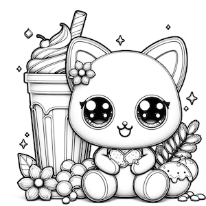 May include: A black and white line drawing of a cute cartoon cat holding a cookie. The cat is wearing a flower in its hair and is sitting next to a milkshake with a cherry on top.