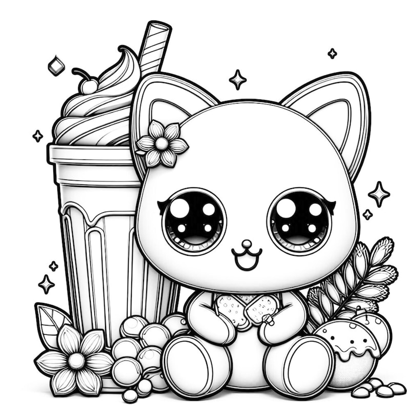 May include: A black and white line drawing of a cute cartoon cat holding a cookie. The cat is wearing a flower in its hair and is sitting next to a milkshake with a cherry on top.