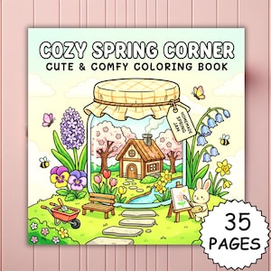 Cozy Spring Corner Coloring Book – 35 Bold and Easy Cute Cozy Pages, Printable PDF & PNG, Coco Style, Relaxing Spring Aesthetic