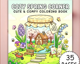 Cozy Spring Corner Coloring Book – 35 Bold and Easy Cute Cozy Pages, Printable PDF & PNG, Coco Style, Relaxing Spring Aesthetic