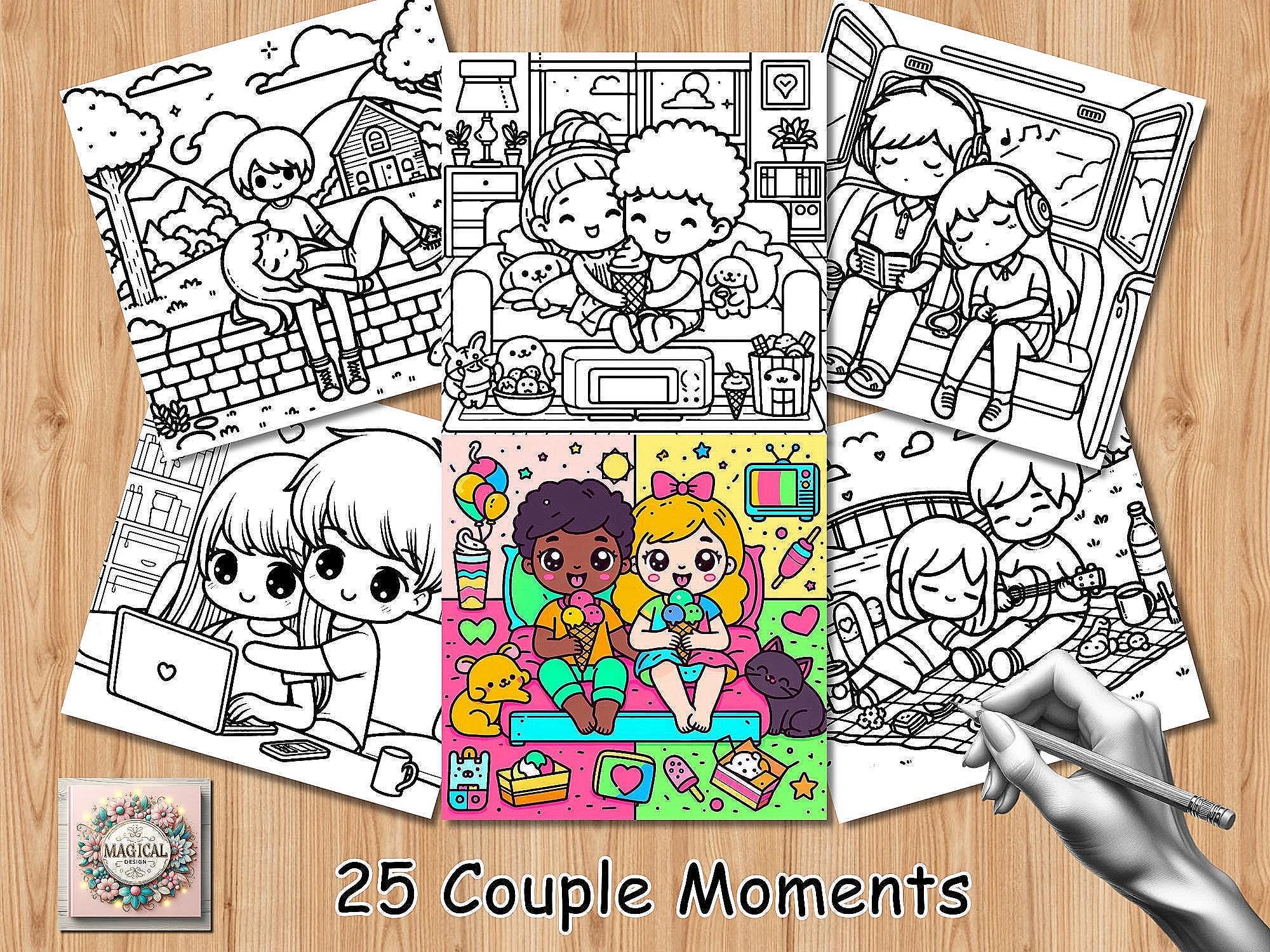 Couple Moments Libro para Colorear PDF + PNG | Kawaii, líneas gruesas y páginas fáciles | Descarga digital instantánea | Compatible con Procreate