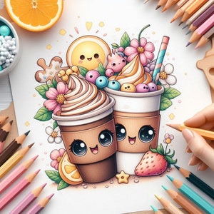 May include: A hand-drawn illustration of two cartoon coffee cups with whipped cream and cute faces. The cups are surrounded by flowers, berries, and a smiling sun.